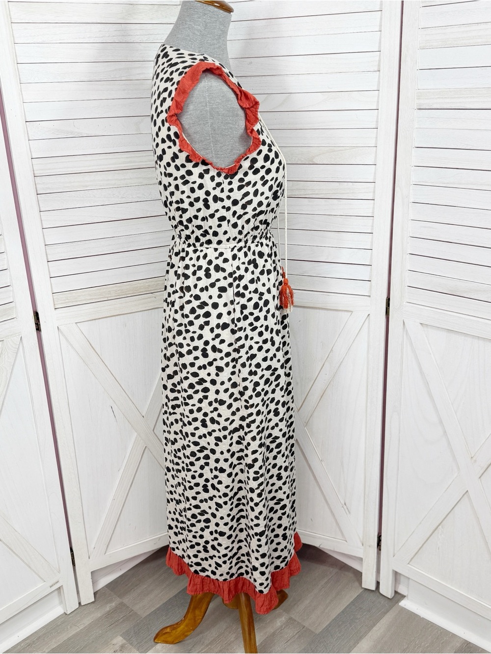 THML Animal Print Ruffle Trim Midi Dress Sundress Ivory Black XS Leopard Cottage - Picture 3 of 12